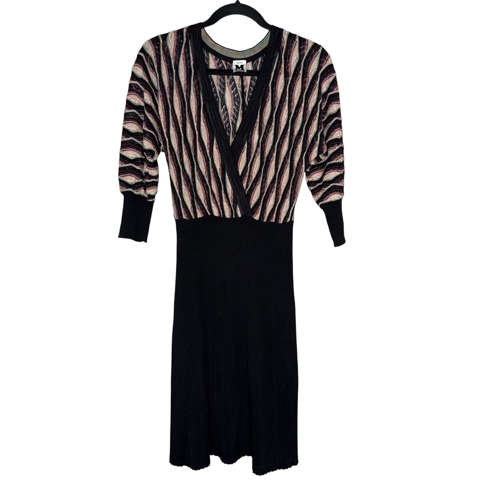 M Missoni Knit Dress Women 42 Black Pink Wavy Zigzag Batwing Sleeve Excellent
